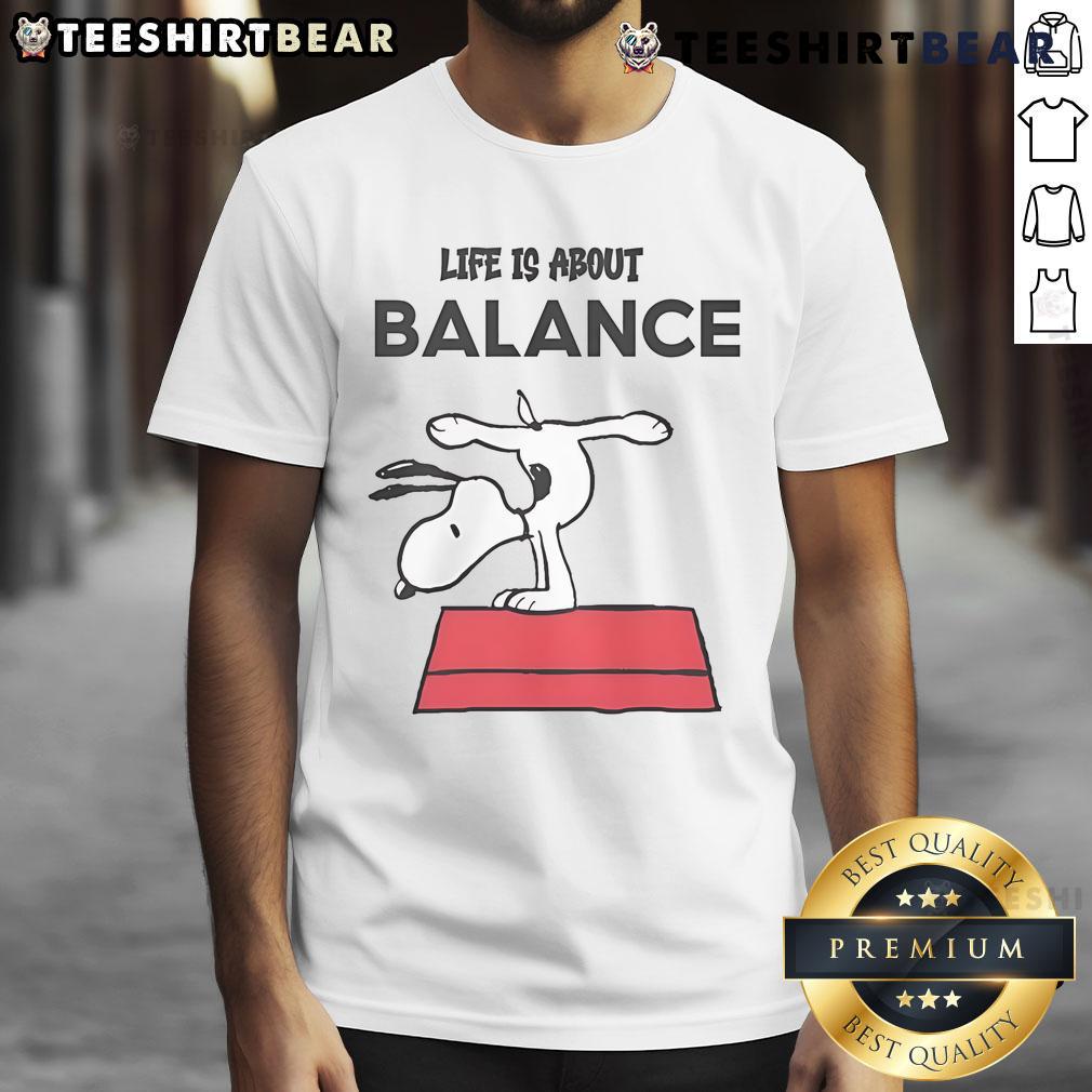 Top Snoopy Life Is About Balance T-Shirt featuring Snoopy in a fun, colorful design perfect for casual wear.