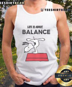 Top Snoopy Life Is About Balance Tank Top featuring a playful Snoopy graphic, perfect for casual summer wear.