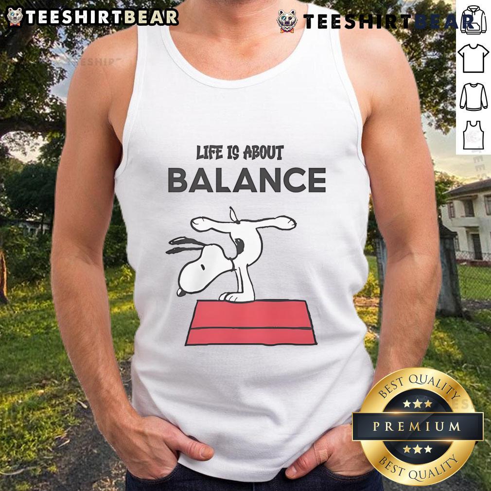 Top Snoopy Life Is About Balance Tank Top featuring a playful Snoopy graphic, perfect for casual summer wear.