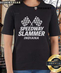 Top Speedway Slammer Indiana Flag Ladies Tee featuring vibrant flag design, perfect for racing fans and casual wear.