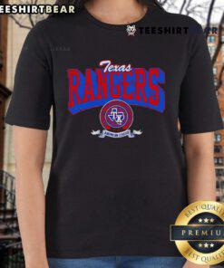 Alt Text: Top Texas Rangers team badge on a stylish ladies tee, perfect for fans showcasing team spirit and style.