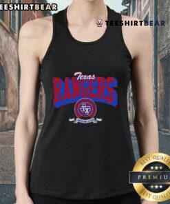 Alt Text: Top Texas Rangers team badge tank top featuring vibrant colors and iconic logo for baseball fans.