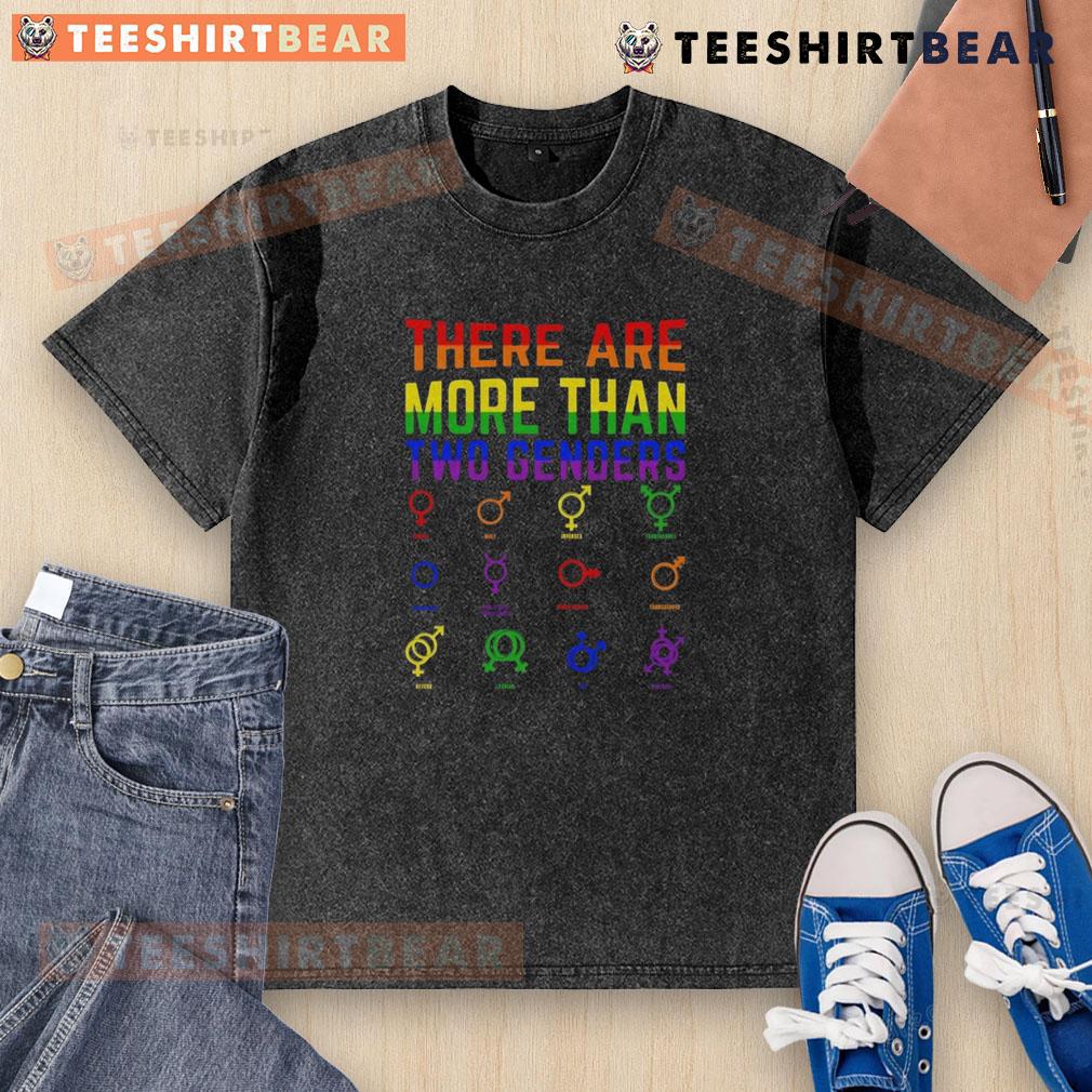 Top There Are More Than 2 Genders Washed T-Shirt showcasing a colorful graphic promoting gender diversity and inclusivity.