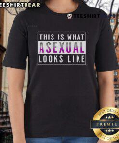Asexual pride ladies' tee featuring bold graphics, showcasing the phrase 'This Is What Asexual Looks Like' in vibrant colors.
