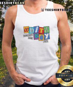 White tank top featuring 'WBS Hang Over Gang' in colorful letters, perfect for casual summer wear in 2025.