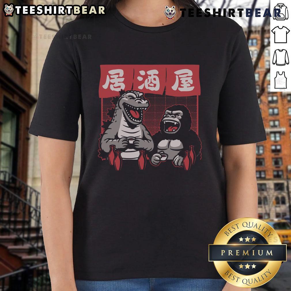 Awesome Giant Movie Monsters Bar: Kong and Godzilla graphic on a stylish ladies tee, perfect for fans of classic films.