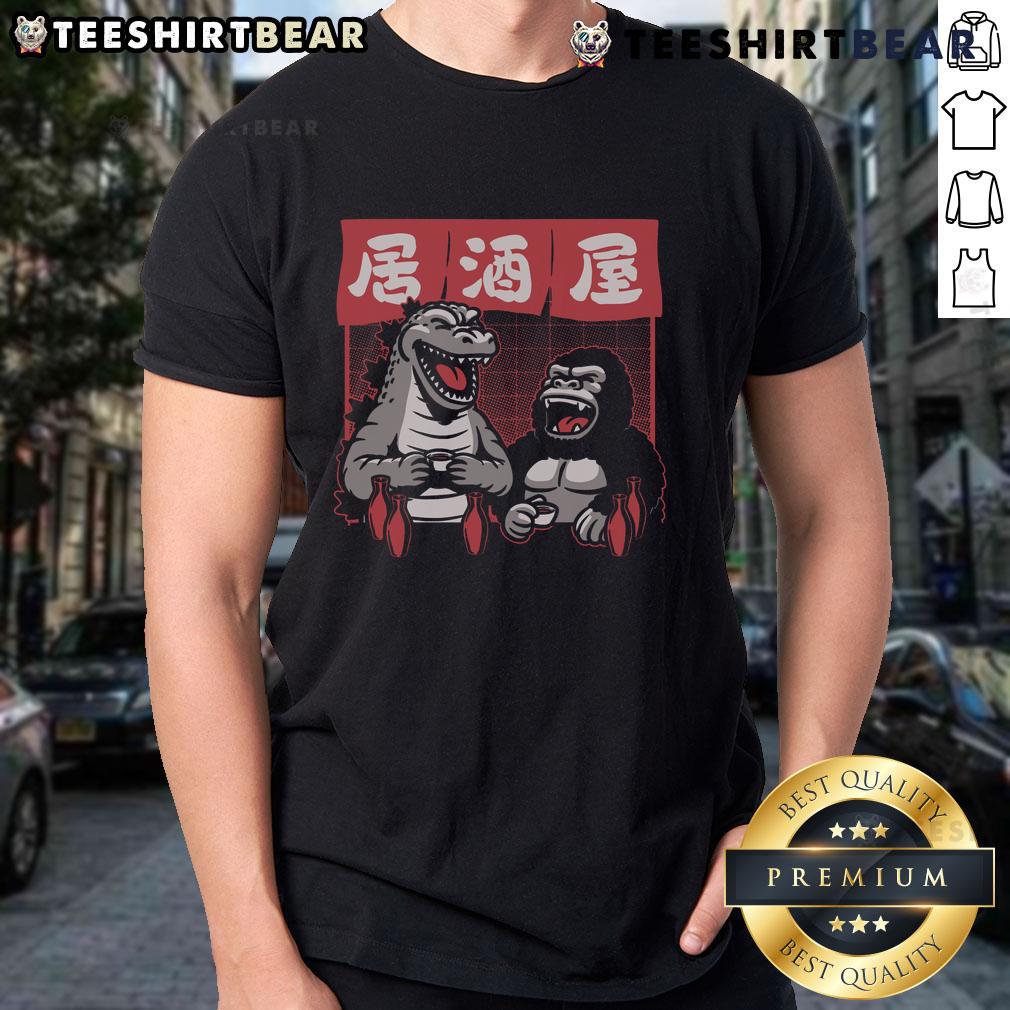 Awesome Giant Movie Monsters Bar Kong and Godzilla Sake T-Shirt featuring iconic designs of Kong and Godzilla in vibrant colors.