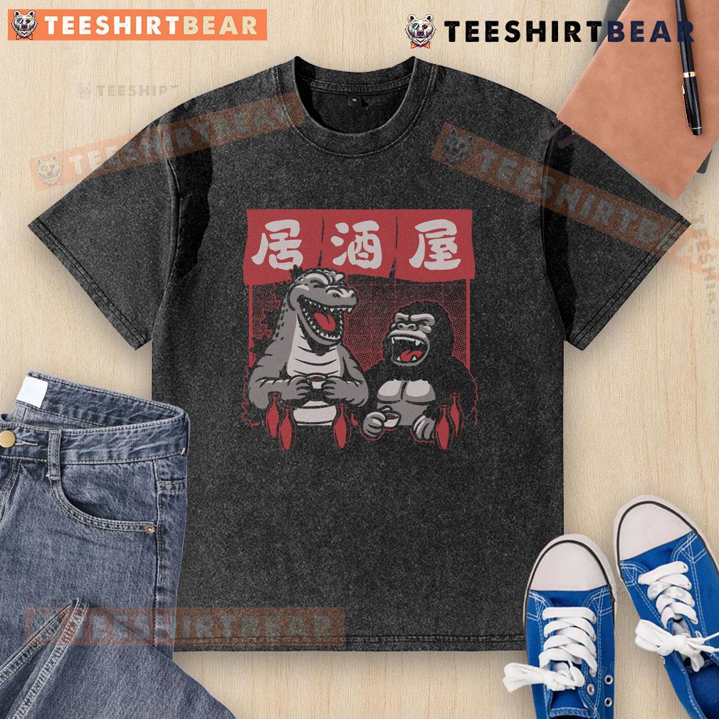 Alt Text: Awesome Giant Movie Monsters Bar T-Shirt featuring Kong and Godzilla, perfect for fans of iconic monster films.