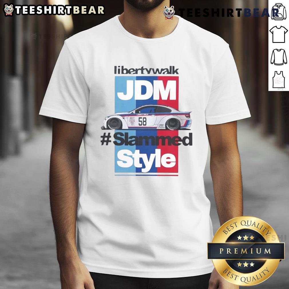 Awesome Libertywalk JDM slammed style T-shirt showcasing a stylish automotive design for car enthusiasts.