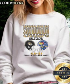 2025 Missouri Tigers vs Kansas University Football Border Showdown sweatshirt, featuring vibrant team colors and logo.