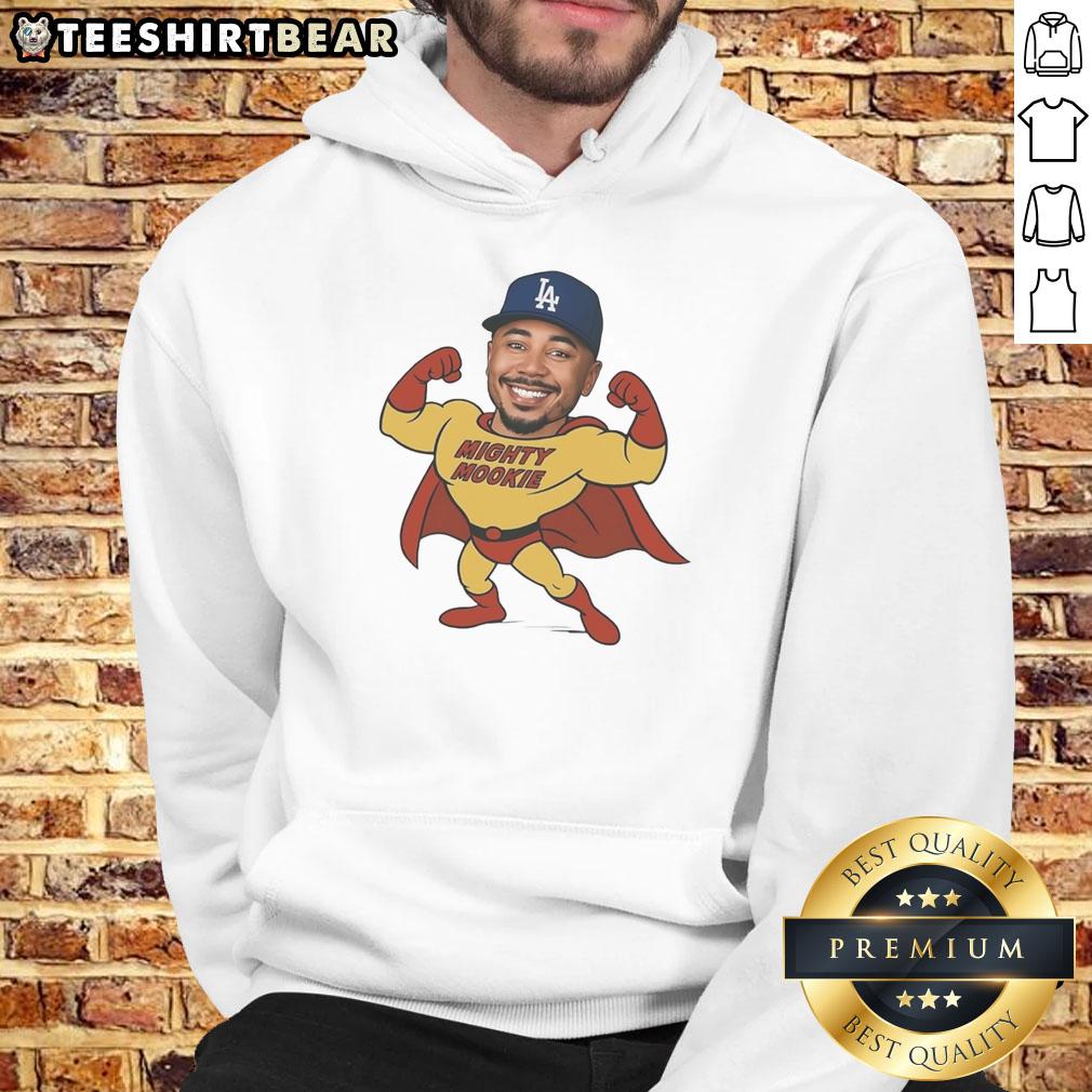 Mookie Betts in a stylish Los Angeles Dodgers hoodie, showcasing the Mighty Mookie design for fans.