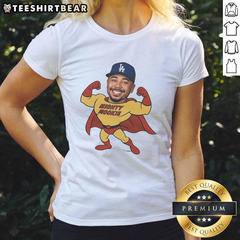 Alt Text: Awesome Mookie Betts Los Angeles Dodgers Mighty Mookie ladies tee showcasing sporty design and team spirit.