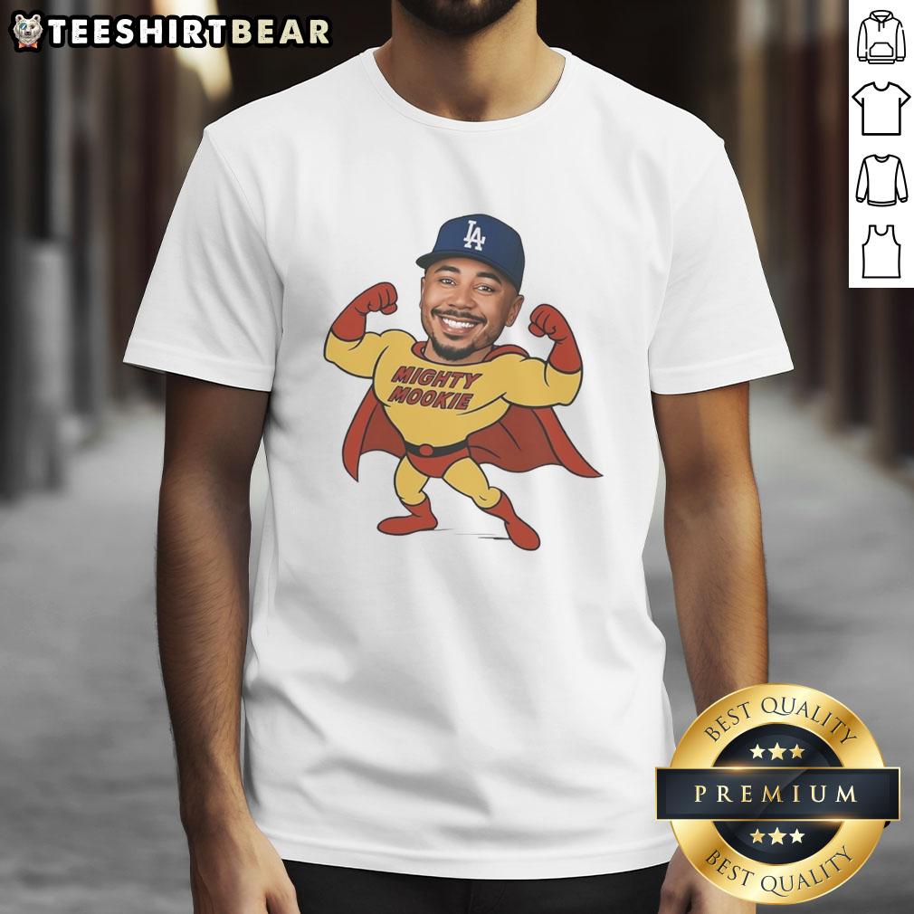 Awesome Mookie Betts Los Angeles Dodgers Mighty Mookie T-Shirt featuring vibrant graphics and a stylish design for fans.
