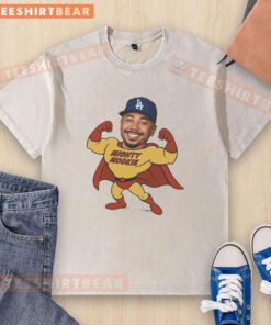 Alt Text: Mighty Mookie washed t-shirt featuring Mookie Betts, Los Angeles Dodgers logo, perfect for baseball fans.