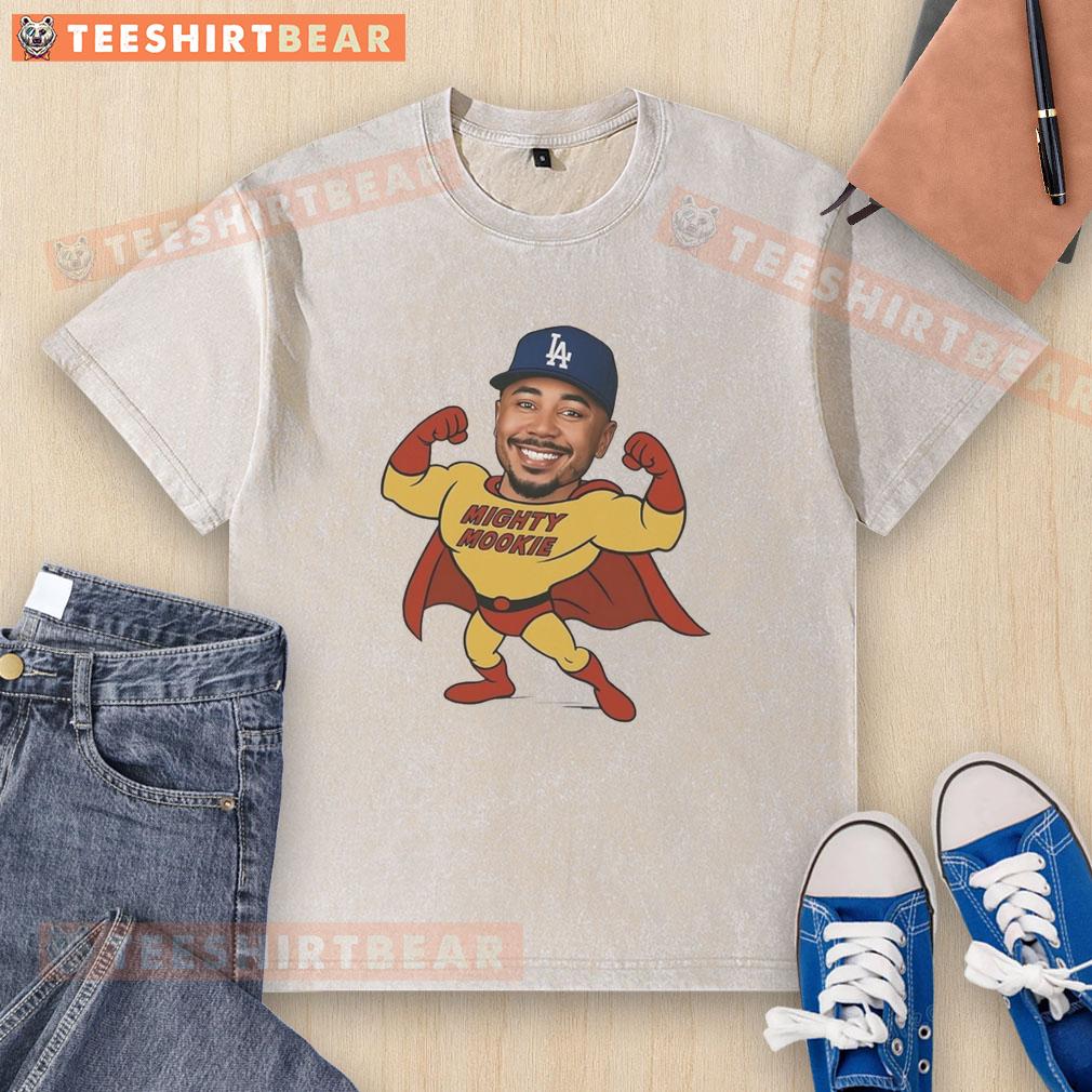 Alt Text: Mighty Mookie washed t-shirt featuring Mookie Betts, Los Angeles Dodgers logo, perfect for baseball fans.