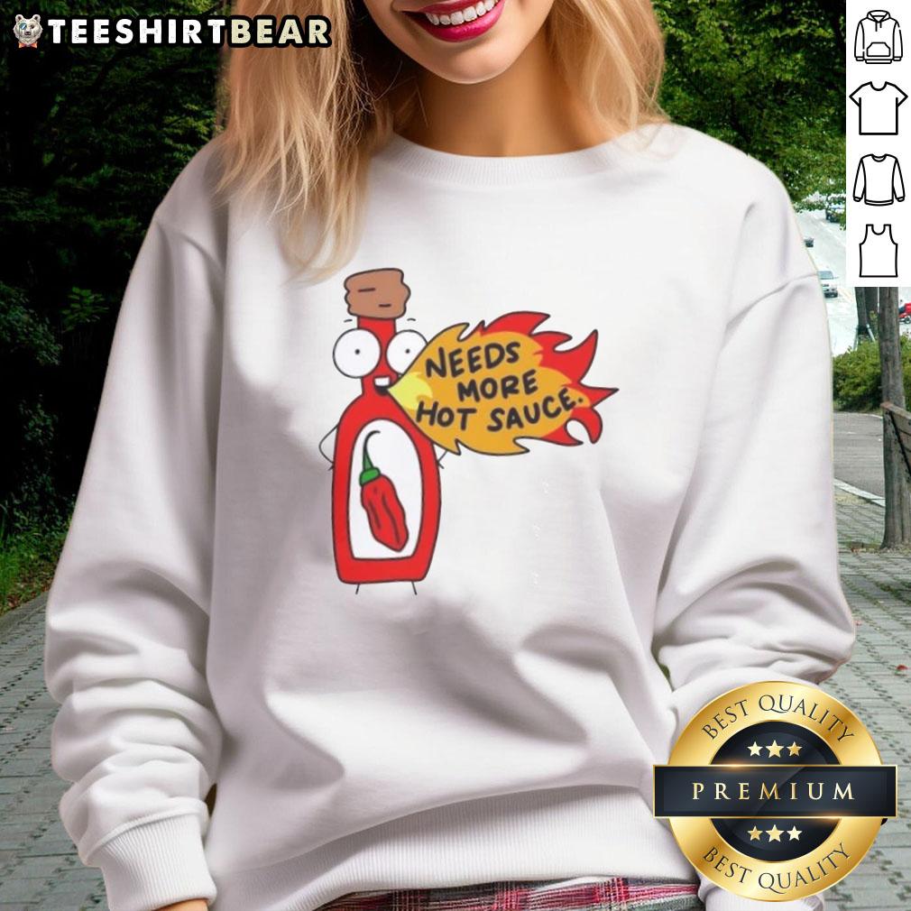 Cartoon sweatshirt design featuring 'Awesome Needs More Hot Sauce' for spicy food lovers, perfect for casual wear.