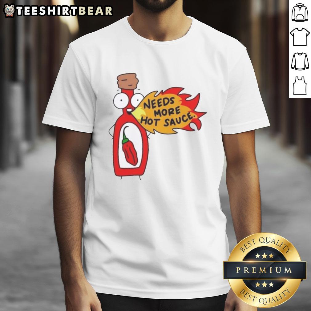 Awesome Needs More Hot Sauce cartoon design on a spicy food T-shirt, perfect for hot sauce lovers and foodies.