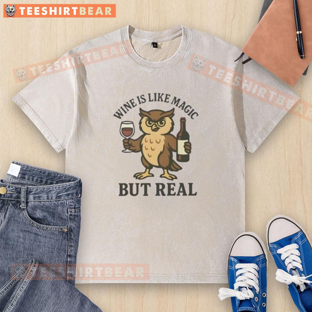 Awesome Owl Wine t-shirt featuring a whimsical owl design, blending magic and reality in a stylish washed look.