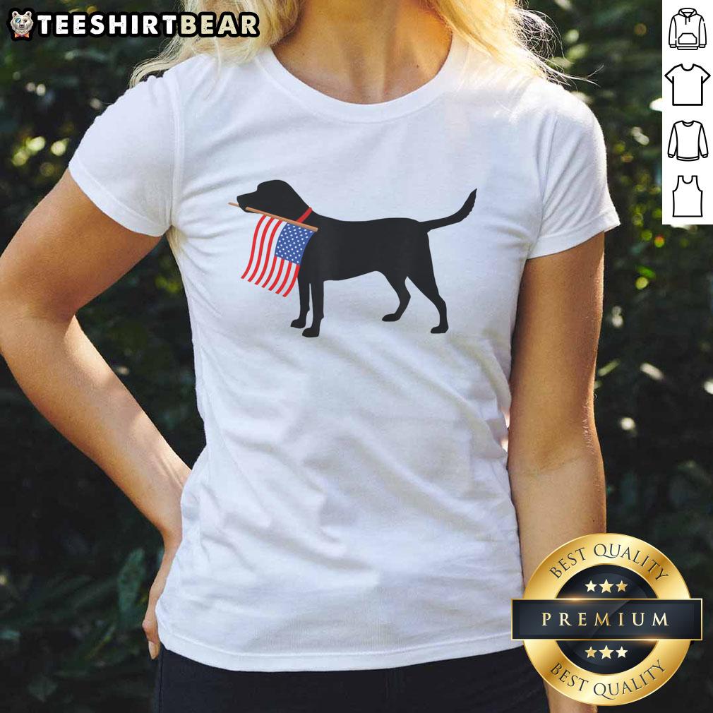 Patriotic dog wearing American flag tee for Fourth of July, perfect for pet lovers celebrating USA independence.
