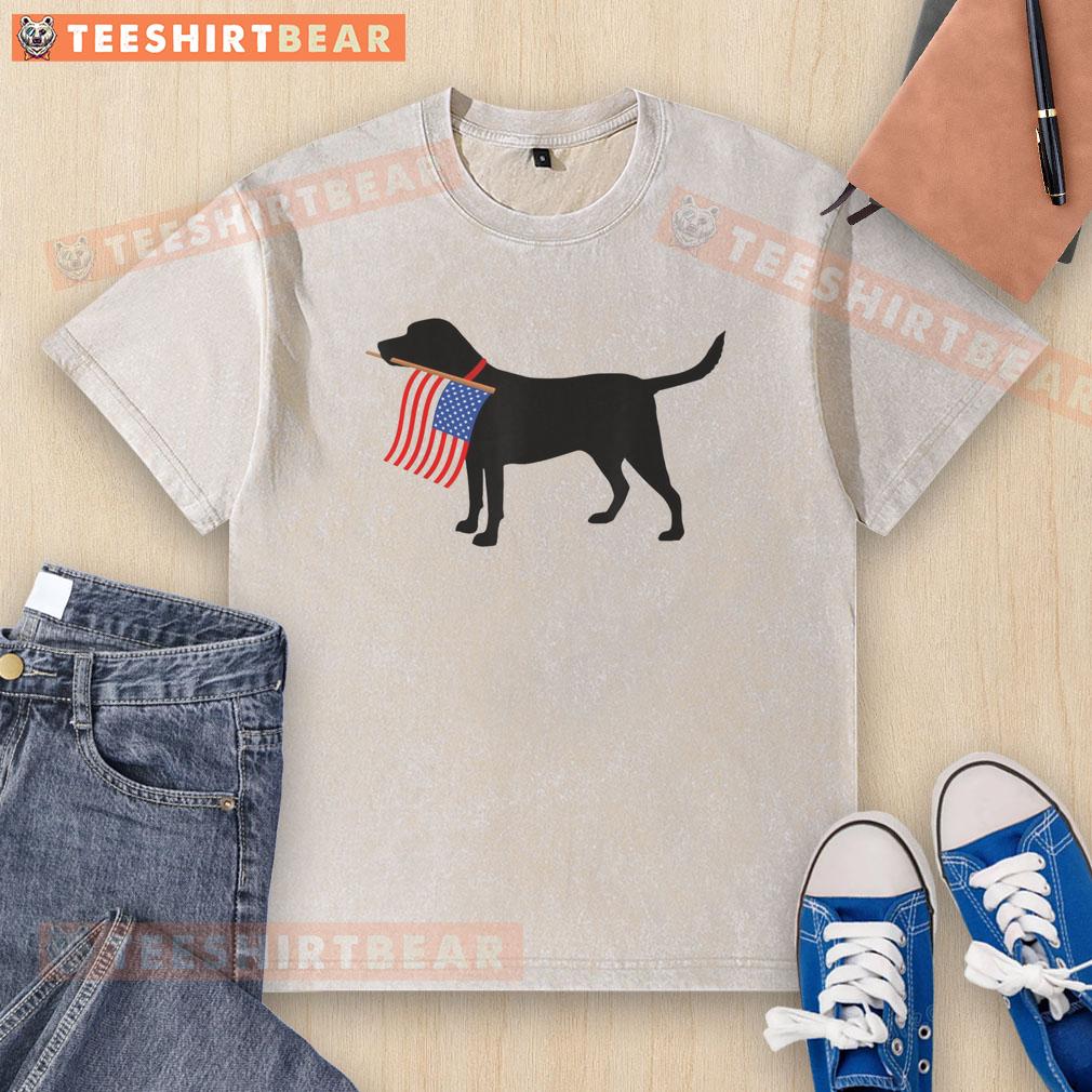 Awesome patriotic dog wearing an American flag t-shirt for Fourth of July, perfect for pet lovers celebrating USA.