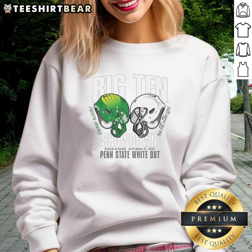 Alt Text: Awesome Penn State Nittany Lions vs Oregon Ducks Big Ten 2025 White Out Sweatshirt featuring team logos.