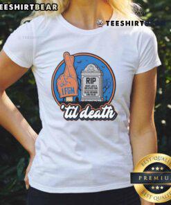 Awesome Rip Here Lies A Beloved Fan Bled Orange And Blue Ladies Tee - Perfect for dedicated fans and stylish comfort.