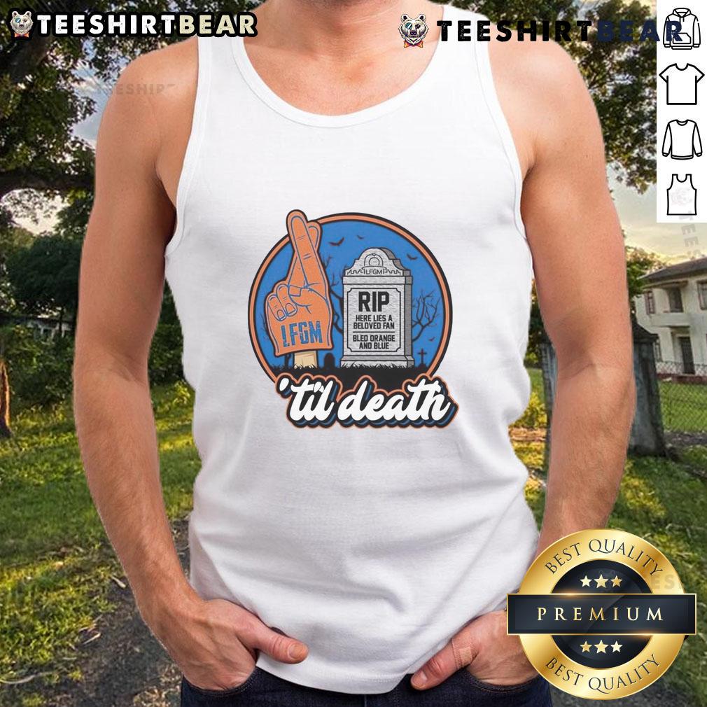 Alt Text: Awesome Rip Here Lies A Beloved Fan Orange and Blue Tank Top showcasing team spirit and dedication.