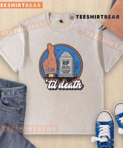 Awesome Rip Here Lies A Beloved Fan Bled Orange And Blue T-Shirt displayed on a hanger, showcasing vibrant colors and design.