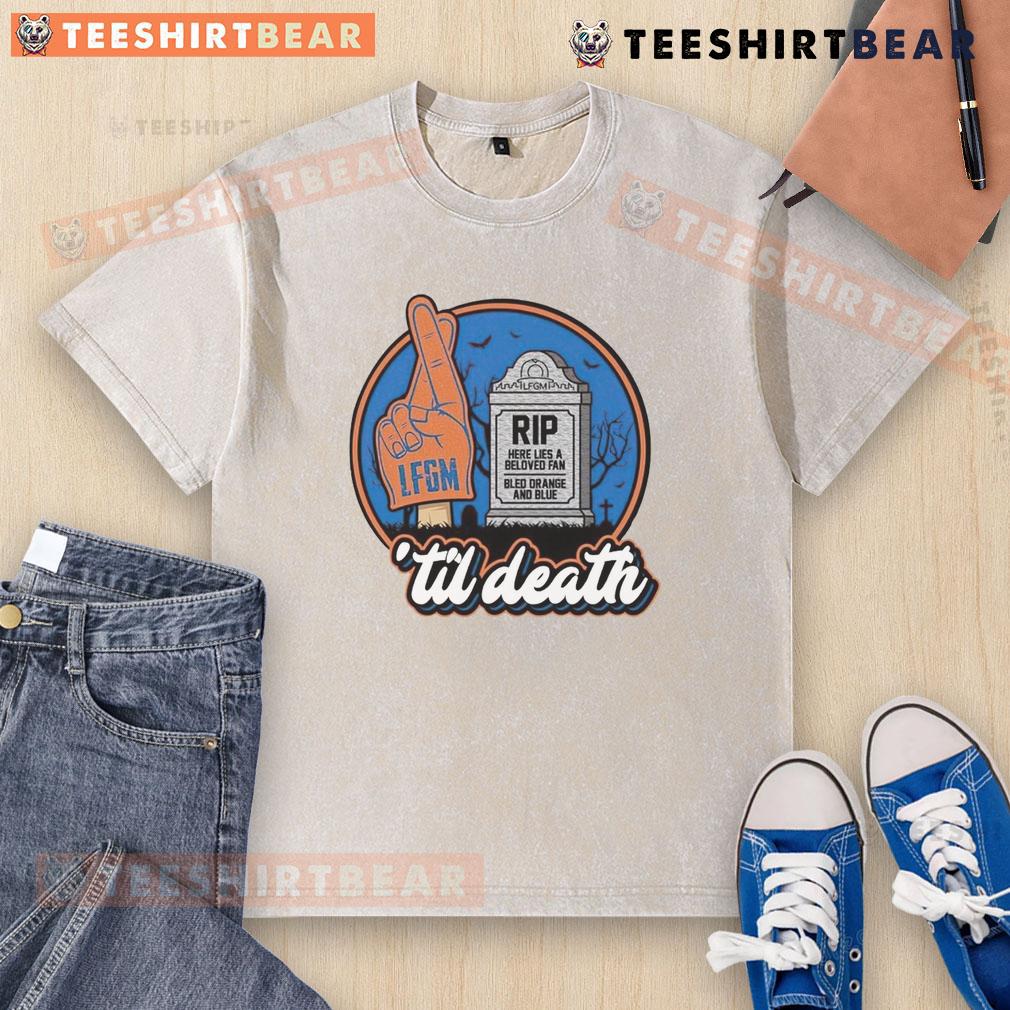 Awesome Rip Here Lies A Beloved Fan Bled Orange And Blue T-Shirt displayed on a hanger, showcasing vibrant colors and design.