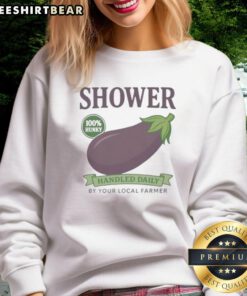 Vintage eggplant handled sweatshirt featuring 'Awesome Shower' design, perfect for farmers' market lovers.