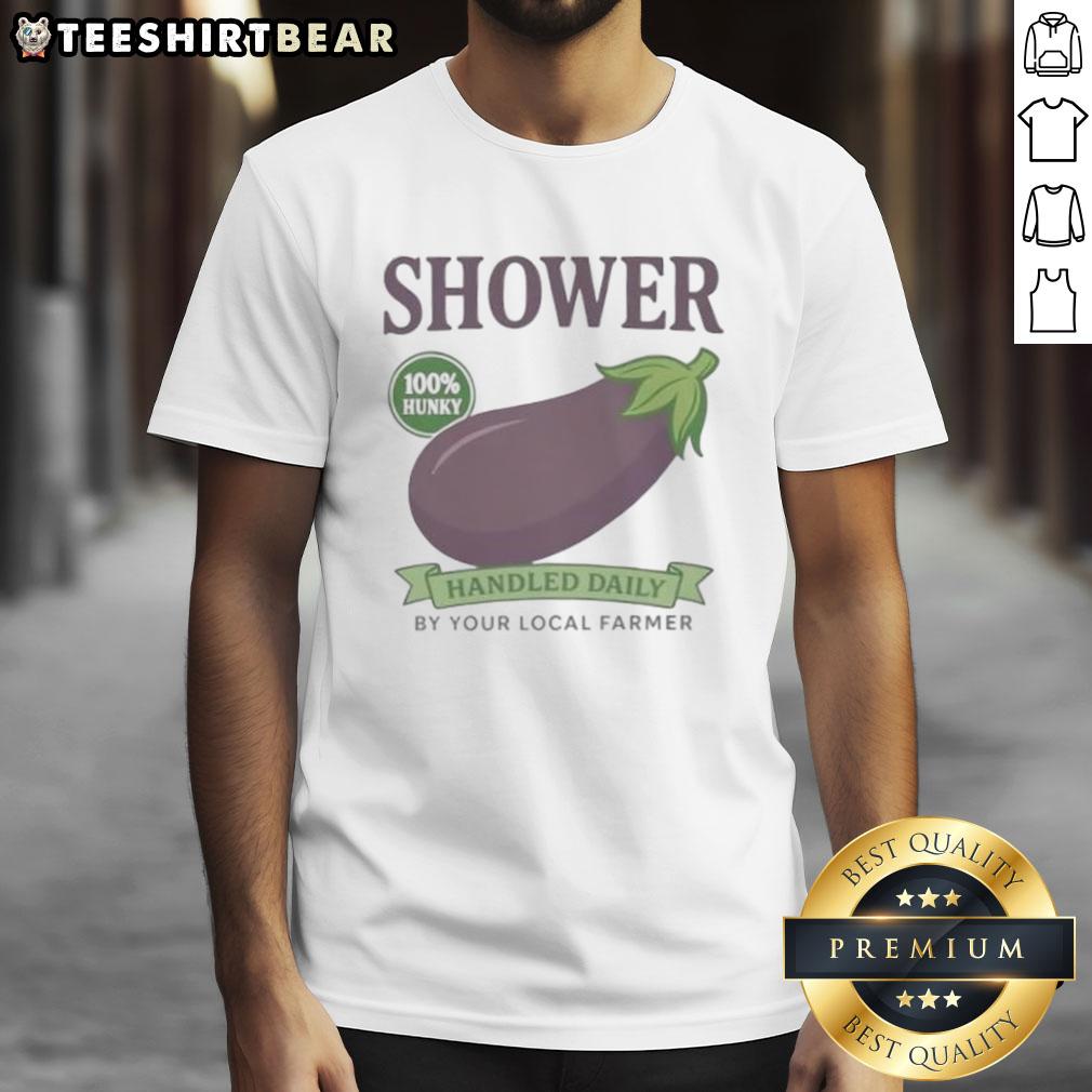 Awesome Shower Vintage Eggplant Handled T-Shirt featuring a local farmer design, perfect for casual wear and gifting.