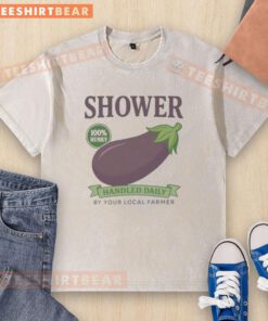 Vintage eggplant-handled washed t-shirt featuring 'Awesome Shower' design, perfect for local farmer enthusiasts.
