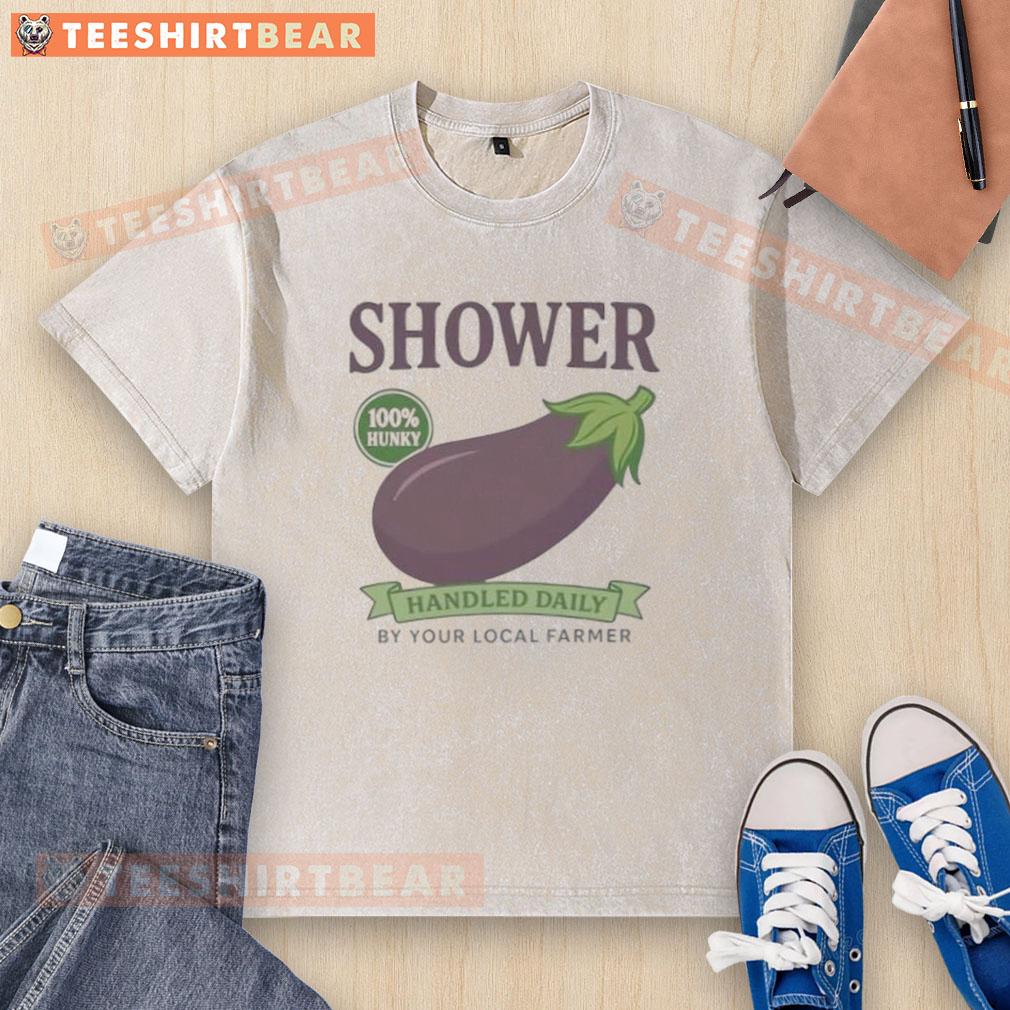 Vintage eggplant-handled washed t-shirt featuring 'Awesome Shower' design, perfect for local farmer enthusiasts.