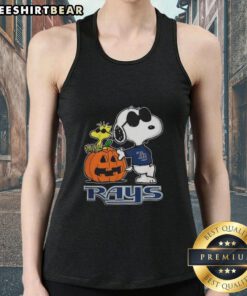 Alt Text: Awesome Snoopy Tampa Bay Rays MLB pumpkin Halloween tank top featuring Peanuts cartoon design for 2025.