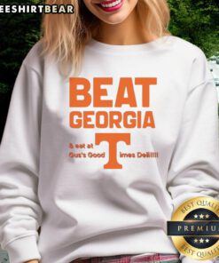 Tennessee Volunteers sweatshirt celebrating victory over Georgia, featuring Guss Good Times Deli logo.