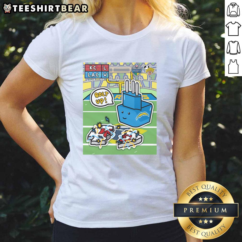 Los Angeles Chargers ladies tee celebrating their victory over Kansas City Chiefs in Brazil, sports apparel for fans.