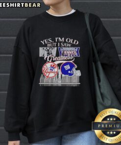 Alt Text: Awesome sweatshirt featuring New York Yankees and Giants skyline, perfect for fans celebrating sports greatness.