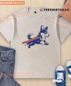 Cute Corgi Buffalo Bills football parody logo on a washed t-shirt, perfect for sports fans and dog lovers.