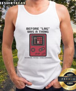 Funny retro gamer tank top featuring Gameboy design, perfect for fans of gaming nostalgia before LAG was a thing.