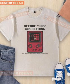 Funny retro gamer washed t-shirt featuring a Gameboy design, highlighting gaming nostalgia before lag became a concern.
