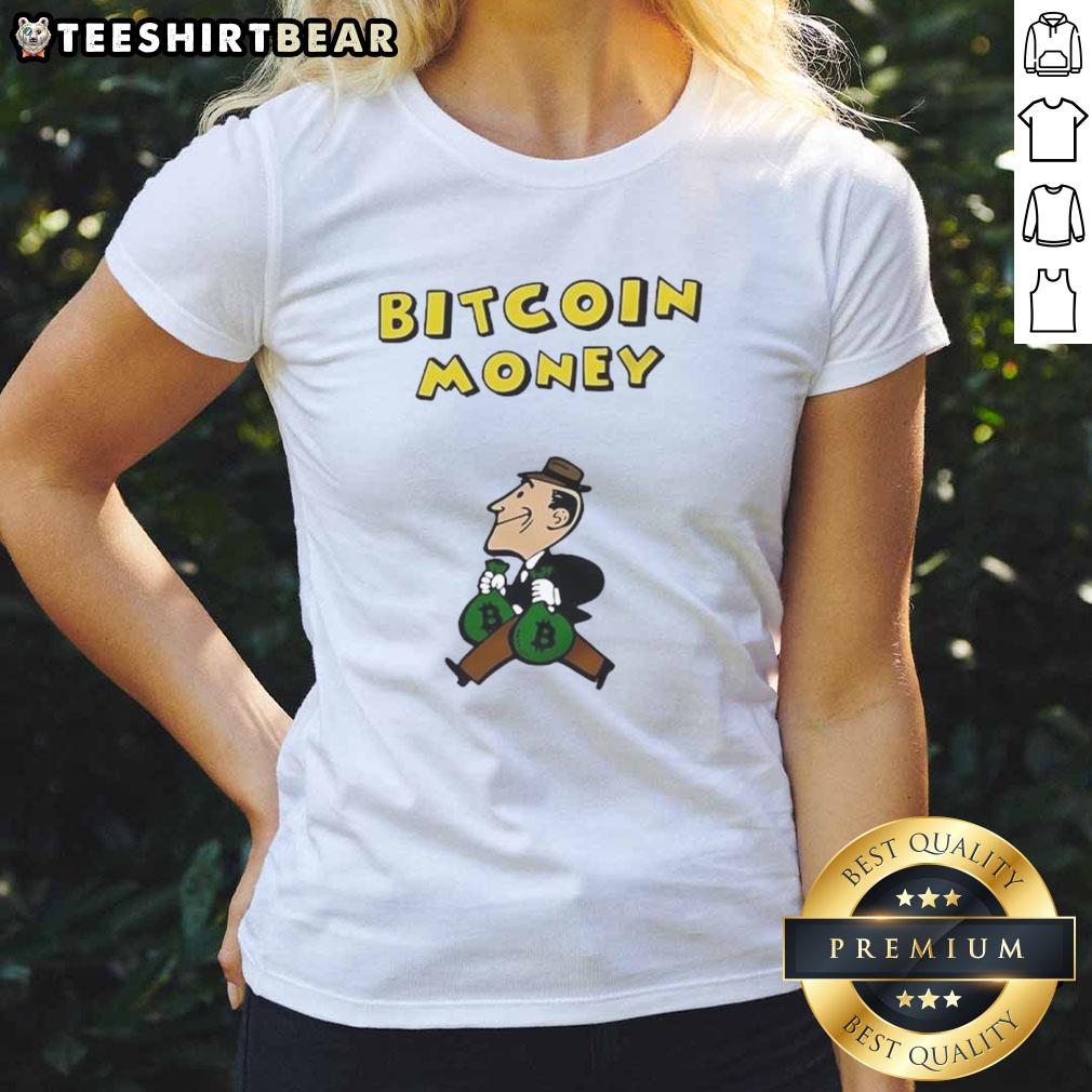 Vintage ladies tee featuring a funny Bitcoin money graphic, perfect for crypto enthusiasts and casual office wear.