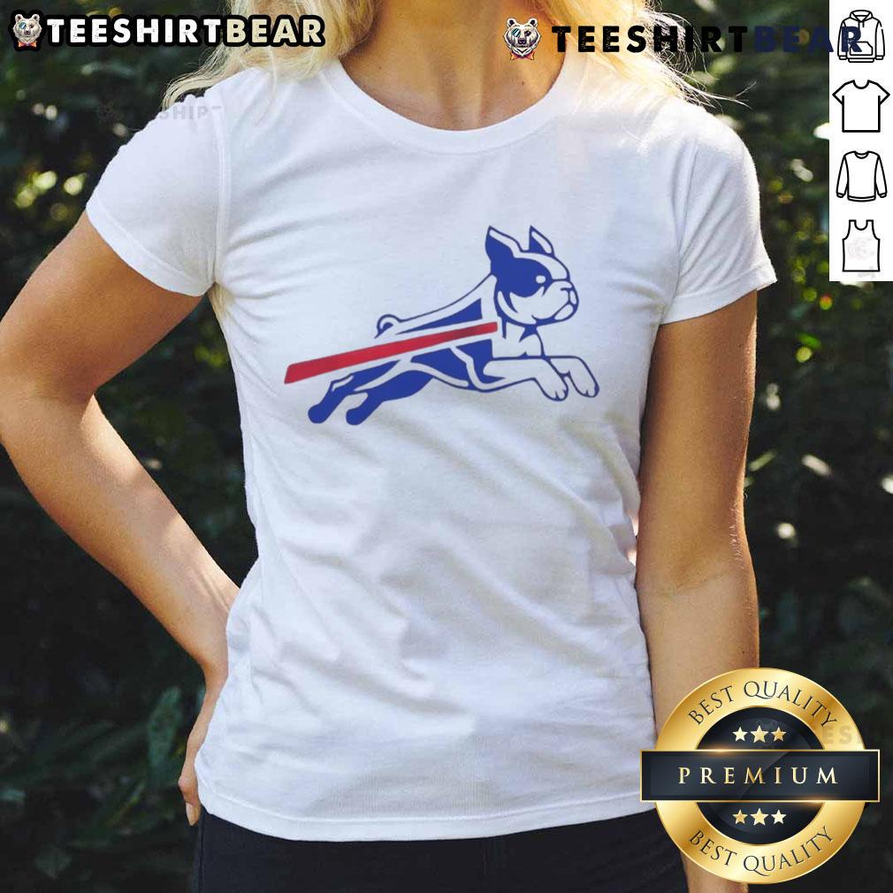 Funny Boston Terrier Buffalo Bills football parody logo on a ladies tee, perfect for dog lovers and football fans.