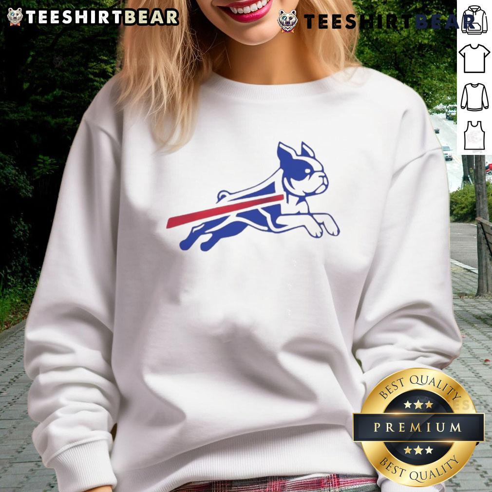 Alt Text: Funny Boston Terrier Buffalo Bills football parody logo sweatshirt featuring a playful dog design for sports fans.