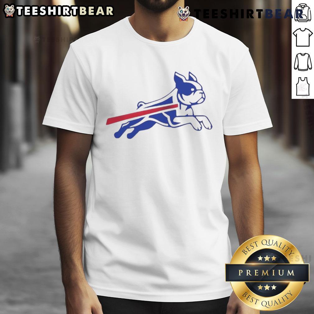 Funny Boston Terrier Buffalo Bills Football Parody Logo T-Shirt featuring a playful dog design for sports fans.