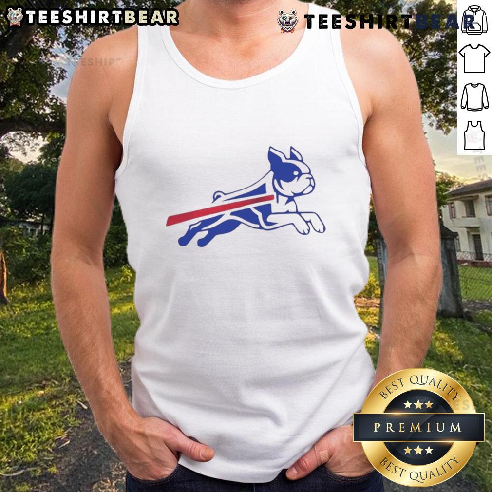 Funny Boston Terrier Buffalo Bills football parody logo on a tank top, perfect for dog lovers and sports fans.