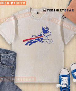 Funny Boston Terrier Buffalo Bills football parody logo on a washed t-shirt, perfect for pet lovers and sports fans.