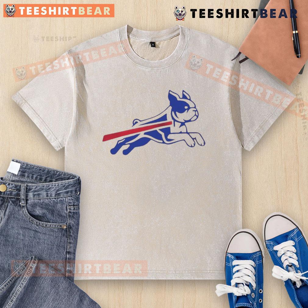 Funny Boston Terrier Buffalo Bills football parody logo on a washed t-shirt, perfect for pet lovers and sports fans.