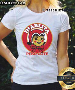 Funny Diablita Pero Cute Ringer Ladies Tee featuring a playful devil design, perfect for casual wear and showcasing your fun side.
