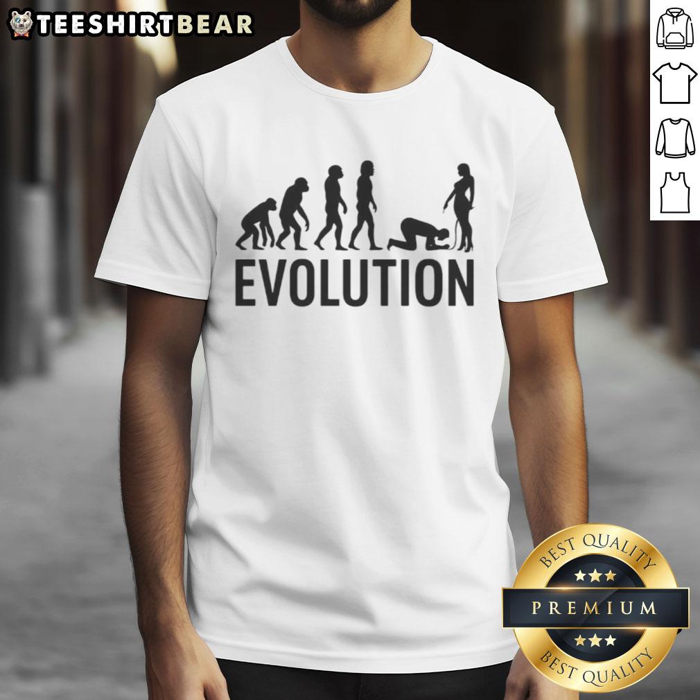 Funny evolution parody adult comedy T-shirt featuring humorous designs and playful graphics about human evolution.