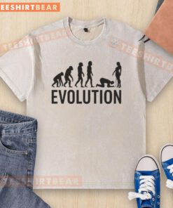 Funny evolution parody adult humorous comedy washed t-shirt featuring a comedic take on human evolution.